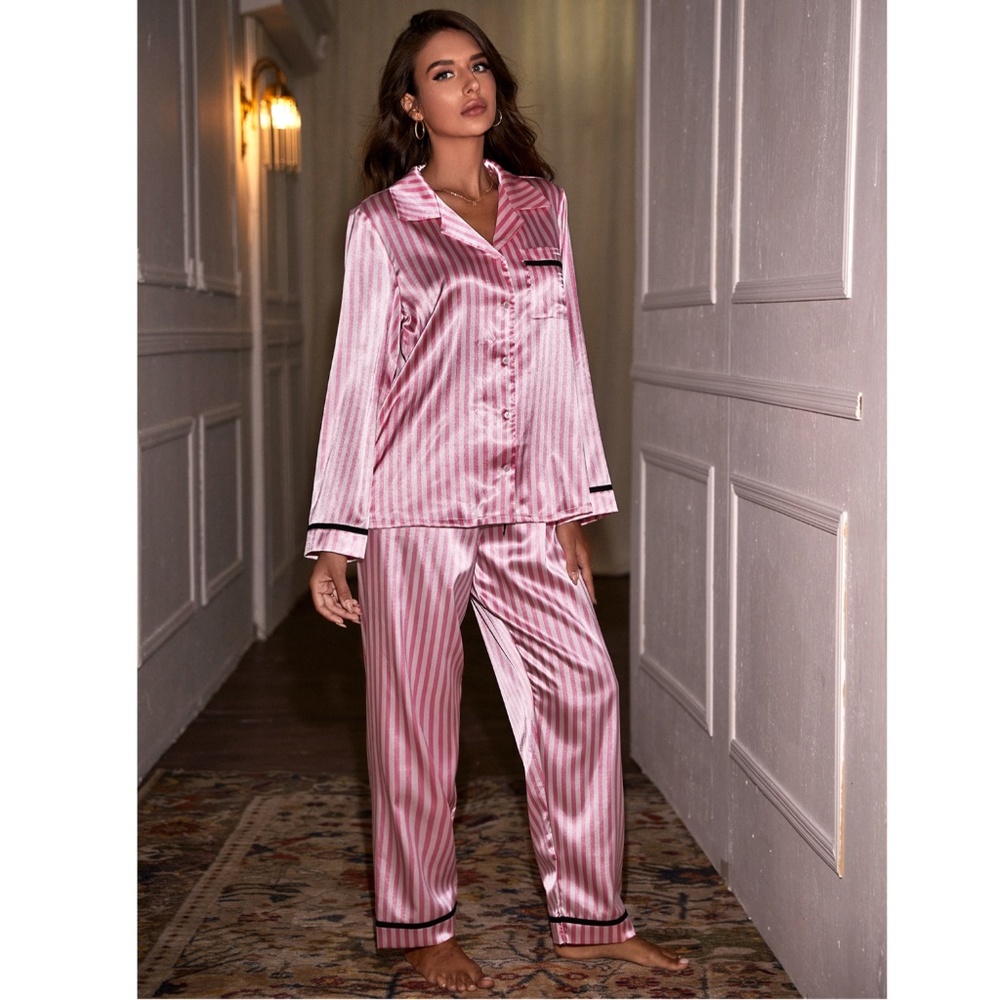Satin Pink Stripes 2 Piece Pajamas Set - Picture 5 of 12